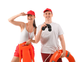 Lifeguards with ring buoy, rescue tube and binoculars isolated on white background