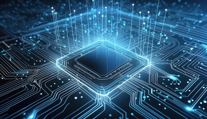 Advanced Technology Concept Visualization: Circuit Board CPU Processor Microchip Starting Artificial Intelligence Digitalization of Neural Networking and Cloud Computing. Digital Lines Move Data