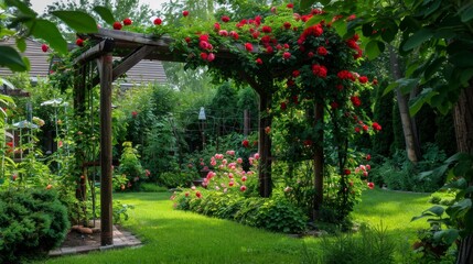 Flowers roses gate arc garden wallpaper background	