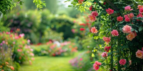 Obraz premium Flowers roses gate arc garden wallpaper background 