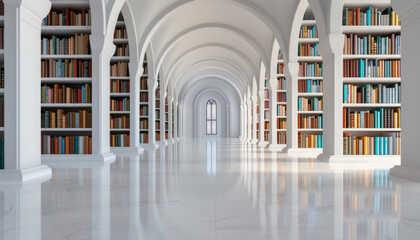 A long, narrow library with white shelves and a large archway