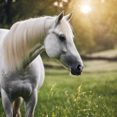 Obraz premium Rural Horse Grazing Green Pasture Meadow