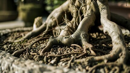 Fototapeta premium Close-up of a fig bonsai with intricate root structure visible above soil, earth tones, soft focus. 
