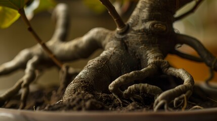 Obraz premium Close-up of a fig bonsai with intricate root structure visible above soil, earth tones, soft focus. 