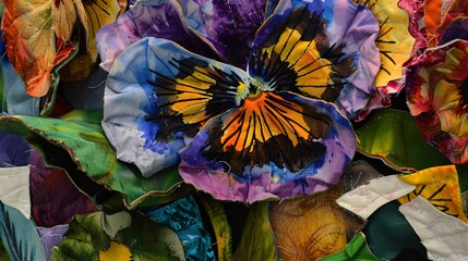 Close-up of a pansy face in a patchwork pot, multicolored petals, crisp details, natural light.