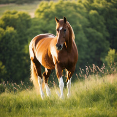 Obraz premium Rural Horse Grazing Green Pasture Meadow