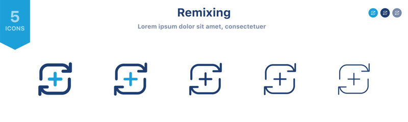 Remix icon button set ; 2 arrows plus icon symbol . Refresh icon. Arrow rotation circle. Sync repeat and reload arrow icon. Remixing icon with two arrows