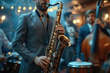 Fototapeta premium A man playing a saxophone in front of a man playing a cello