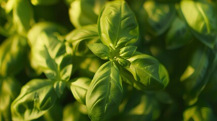 Fototapeta premium Detailed view of basil leaves, soft afternoon light, macro shot, vibrant green, intricate leaf veins. 