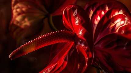 Fototapeta premium Intimate capture of anthurium flower, evening sunlight, macro photography, glossy red, detailed spadix. 