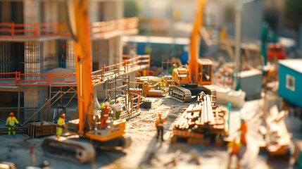 Fototapeta premium A construction site with a yellow excavator and workers in orange safety vests