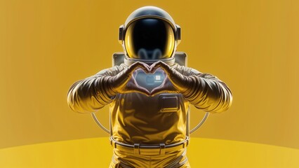 An astronaut in a spacesuit on a bright yellow background holding his hands in the shape of a heart with a drawn red heart inside, symbolizing love, gratitude and creativity