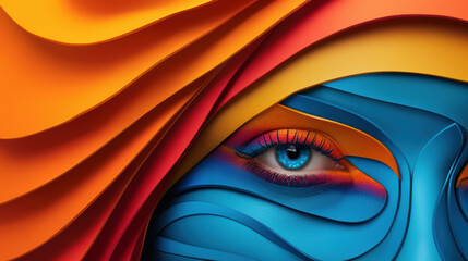 A woman's face is painted with blue and orange colors