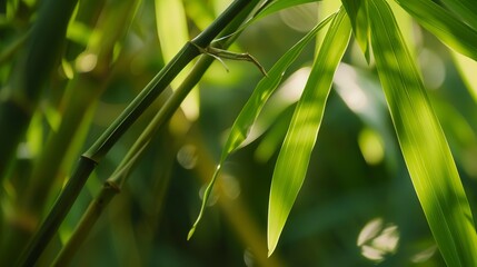 Fototapeta premium Detailed view of bamboo leaf, soft afternoon light, macro shot, intricate veins, rich green hues, sharp focus. 