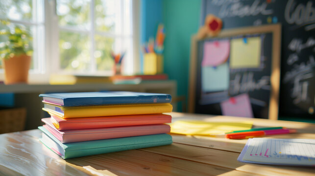 A stack of new textbooks and notebooks on a classroom desk. Bright and colorful study materials for the new school year. Educational supplies.