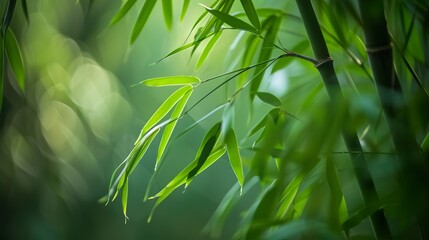 Intimate view of bamboo leaf tips, soft morning light, macro lens, pointed edges, delicate veins, vibrant green. 