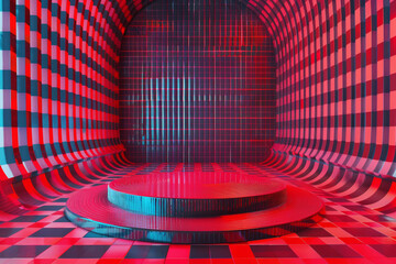 Fototapeta premium Abstract room with checkered patterns and red and blue lighting, featuring a central platform, perfect for creative and artistic displays