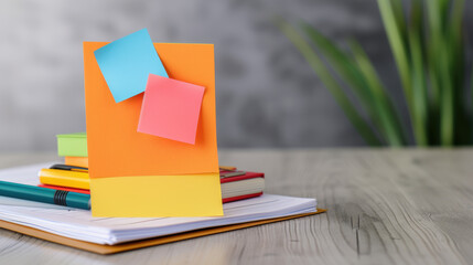 A stack of books and a yellow folder with a pink and orange sticky note on top