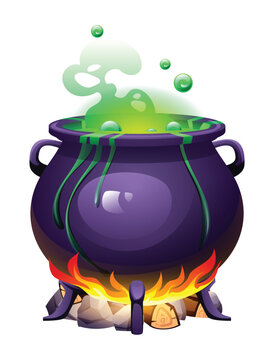 Witch cauldron with green bubbling potion over a fire. Vector cartoon illustration isolated on white background