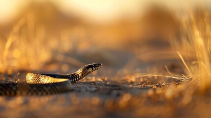 Close-up of a snake slithering on the ground in a golden, sunlit environment, showcasing the natural beauty and elegance of wildlife.