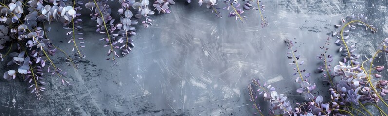 Blooming wisteria and grey textured background, wallpaper