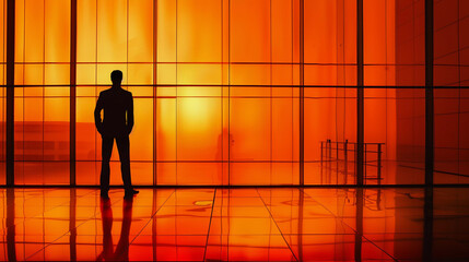  Silhouette of a man standing in front of an orange gradient glass wall, business