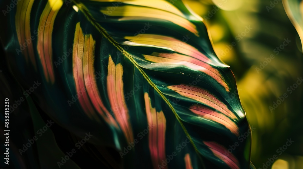Poster macro shot of calathea leaf, diffused afternoon light, vibrant patterns, sharp details, soft backgro