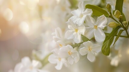Obraz premium Intimate view of jasmine flowers, soft morning light, macro lens, white petals, detailed texture, fragrant blooms. 
