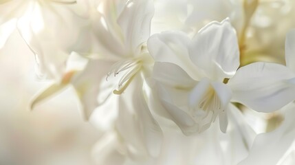 Intimate view of jasmine flowers, soft morning light, macro lens, white petals, detailed texture, fragrant blooms