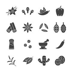 Spice and seasoning glyph icon set. Vector collection condiment with vanilla, clove, hot pepper, cinnamon, anise star, salt shaker, ginger and nutmeg.