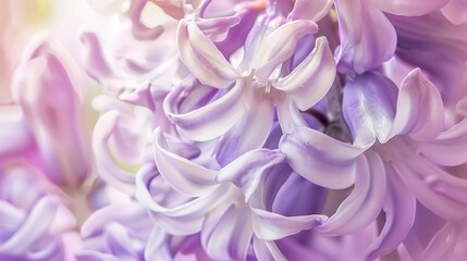 Detailed macro of hyacinth flowers, early morning light, soft purple petals, fine petal details, fresh spring feel