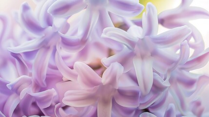 Fototapeta premium Detailed macro of hyacinth flowers, early morning light, soft purple petals, fine petal details, fresh spring feel. 
