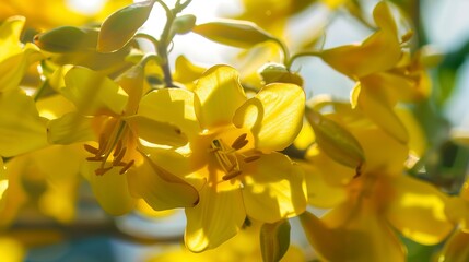 Fototapeta premium Close-up of winter jasmine, bright sunlight, macro photography, vibrant yellow blooms, detailed flower structure.