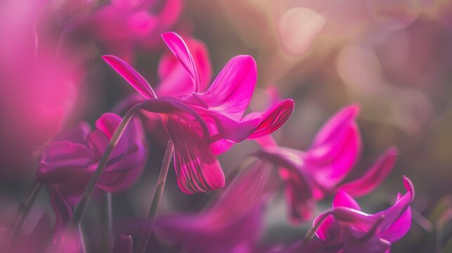 Close-up of cyclamen flowers, mid-morning light, macro lens, vibrant pink, intricate patterns, soft focus. 