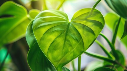 Obraz premium Intimate view of philodendron leaf, soft morning light, macro lens, heart-shaped, detailed veins, vibrant green, indoor oxygen boost. 