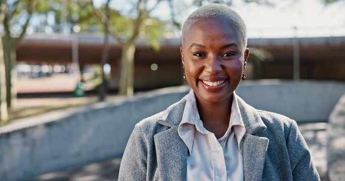Black woman, smile and city for work as teacher, lecturer with happiness in portrait for fashion. Female person, clothes and cheerful in urban for career, professor for education or knowledge
