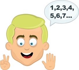 vector illustration face man cartoon blonde eyes, with your fingers hands counting numbers