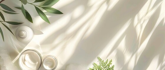 Flat lay of clean skincare products, top view, light background, stylish and modern banner with plenty of copy space