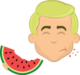 vector illustration face man cartoon blonde eyes, eating watermelon fruit