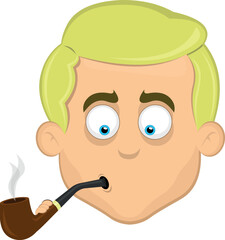 vector illustration face man cartoon blonde and blue eyes, smoking and inhaling pipe tobacco smoke