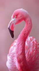 Full body portrait of a cute pink flamingo, light and pastel background, detailed feathers, standing pose