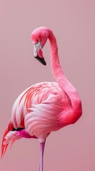 Naklejka premium Full body portrait of a cute pink flamingo, light and pastel background, detailed feathers, standing pose