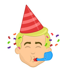 vector illustration face man cartoon blonde and blue eyes, with a party hat, serpentine and falling confetti paper