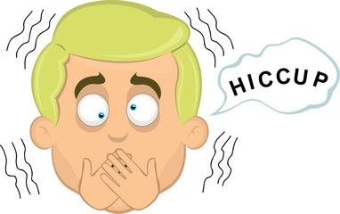 vector illustration face man cartoon blonde and blue eyes, having hiccups symptom and a speech bubble with hiccup text