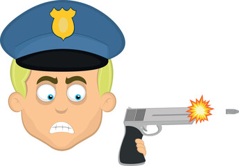 vector illustration face man cartoon blonde and blue eyes, with a police hat and a gun firing