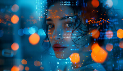 Woman with Futuristic Data and Neon City Lights