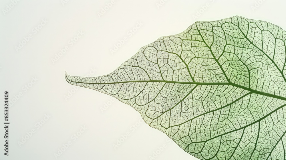 Poster a detailed green leaf on a macro photograph showing a complex network of veins on a light background