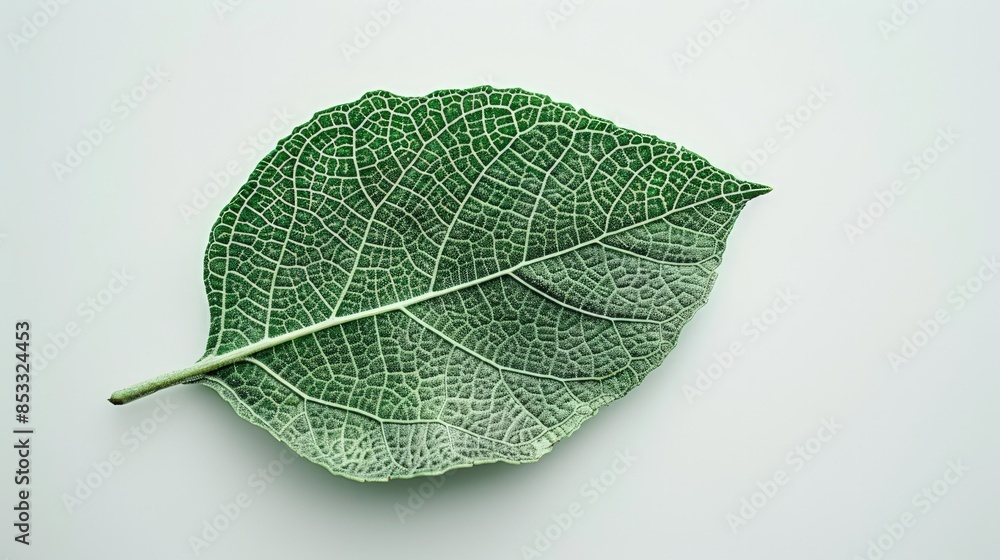 Poster a detailed green leaf on a macro photograph showing a complex network of veins on a light background