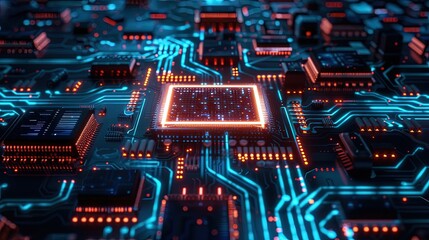 A glowing microchip surrounded by vibrant blue circuitry lines
