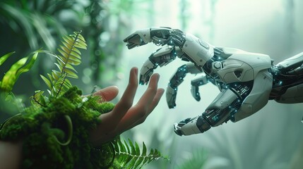A human-like robotic hand reaching out to a plant-covered hand in a futuristic setting